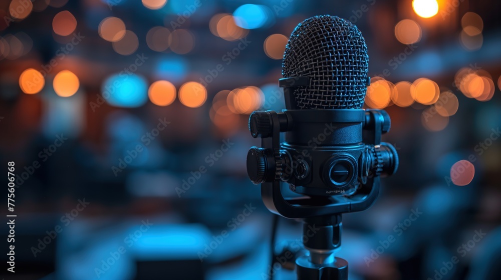 microphone with bokeh light in auditorium, public speaking, Generative Ai microphone with bokeh light in auditorium, public speaking, Generative Ai
