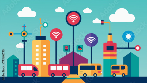 A zoomedin view of a smart city infrastructure with Gpowered IoT devices such as traffic lights surveillance systems and public transportation photo