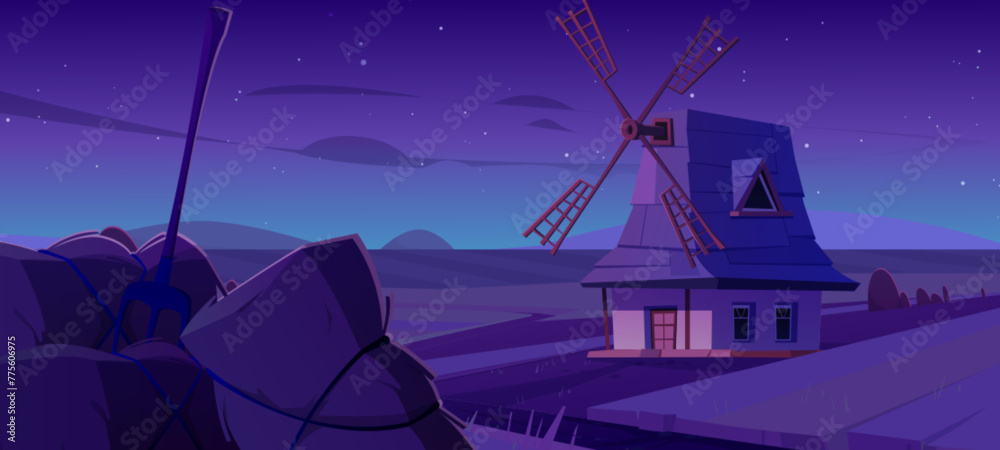 Fototapeta premium Old windmill in night summer field. Vector cartoon illustration of rural scenery with wheat farmland, blades on roof of house, haystack with pitchfork, stars glowing in dark sky, farming game backdrop