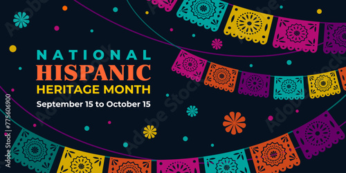 Hispanic heritage month. Vector web banner, poster, card for social media, networks. Greeting with national Hispanic heritage month text, Papel Picado pattern, perforated paper on black background.
