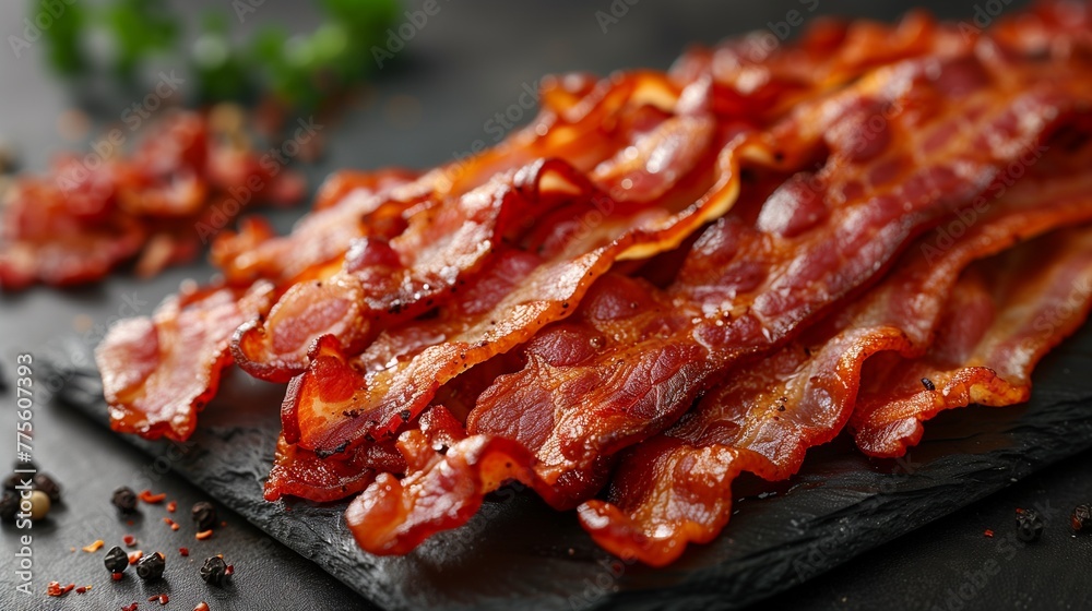 Background of crispy bacon strips, adding texture and flavor to any dish, appetizingly crunchy