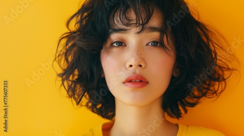 A vibrant portrait of an Asian woman showcasing her curly short hair against a bold yellow background