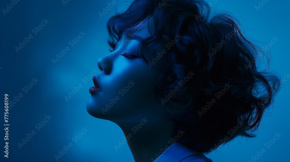 A stunning profile view of an Asian woman's curly short hair against a deep blue background