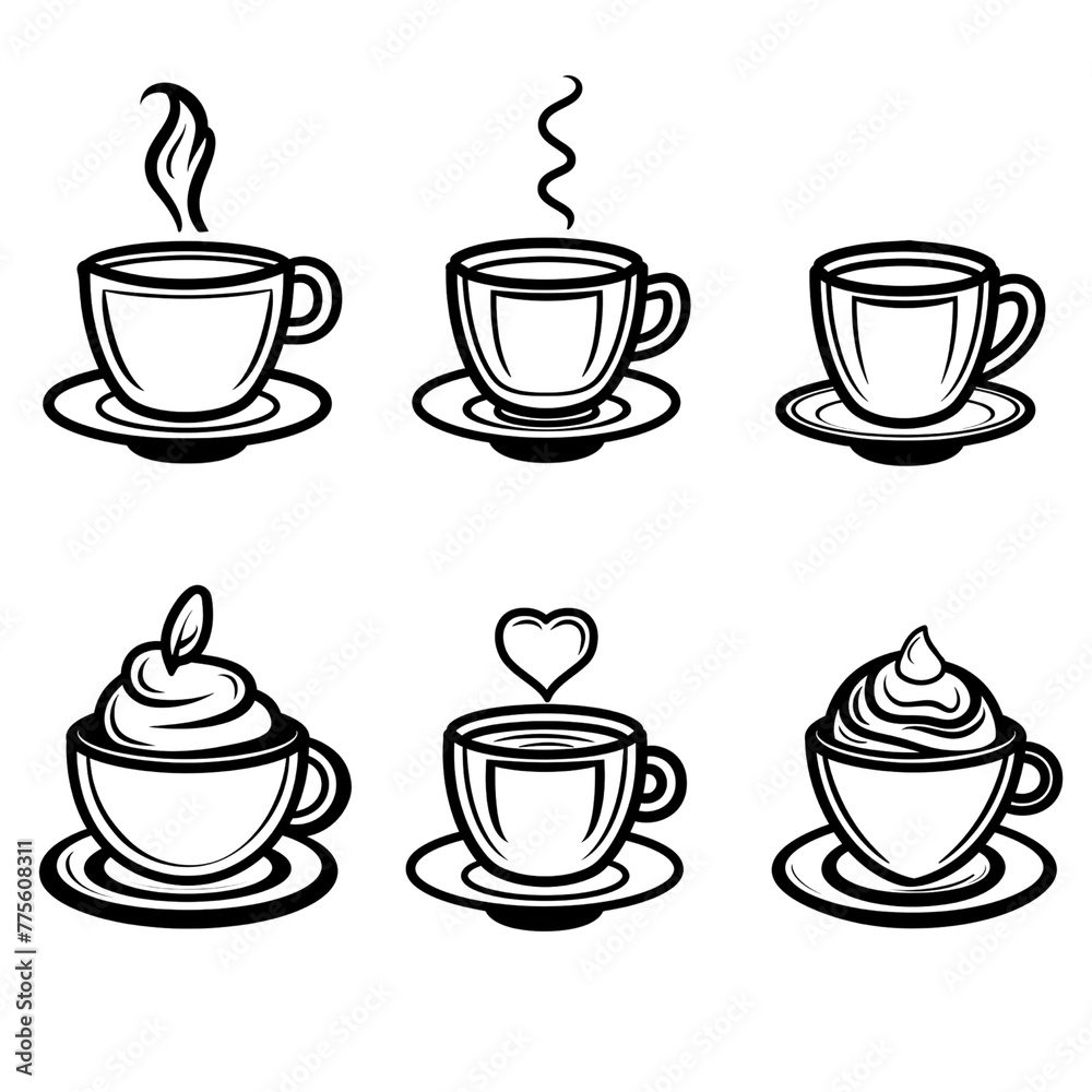 Coffee Cup Icon Set Six Isolated Logo Illustrations Transparent Background