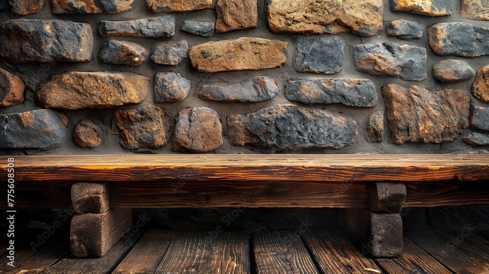 abstract background of old wood bench with rock brick wall, Generative Ai abstract background of old wood bench with rock brick wall, Generative Ai