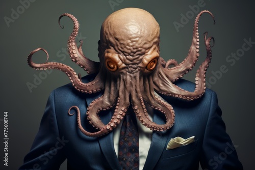  A Businessman wearing a suit with the head of an octopus  representing multitasking and adaptability in the corporate world