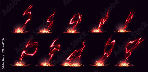 Red lightning strikes set isolated on black background. Vector cartoon illustration of magic power effect, thunderbolt impact with explosion and fire, electric discharge shock, game design elements