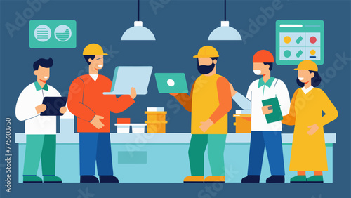 A team of workers in a quality control room carefully examining products and discussing strategies for improving processes.