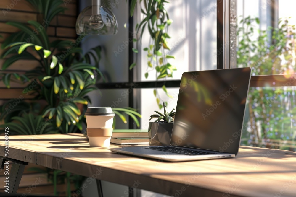 Modern workplace with laptop computer and coffee cup business meeting professionals celebrating teamwork in an office Modern workplace with laptop computer and coffee cup business meeting professionals celebrating teamwork in an office