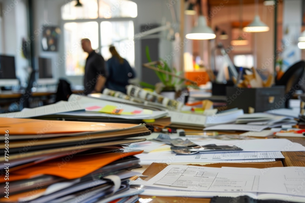 Paperwork and digital in open space. Team work process business meeting professionals celebrating teamwork in an office