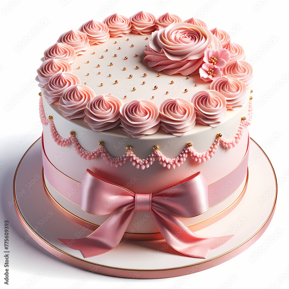 A photo-realistic image of a round tiered cake, with the bottom tier frosted in smooth white and the top tier adorned with pink piped rosette swirls A photo-realistic image of a round tiered cake, with the bottom tier frosted in smooth white and the top tier adorned with pink piped rosette swirls