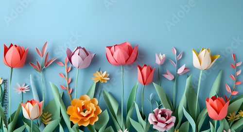 Paper art illustration of colorful tulip field against blue sky  perfect for springtime and easter greetings  poster  and wallpaper