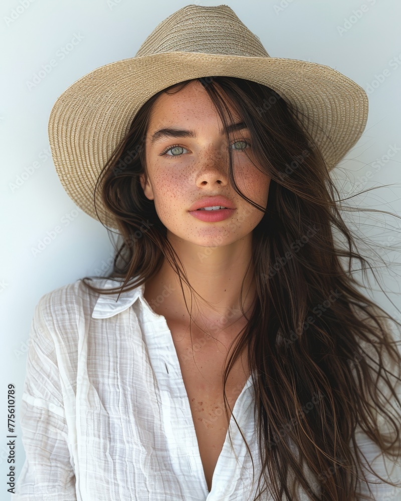 fashion portrait of a young brunette woman wearing a white linen shirt and a straw hat fashion portrait of a young brunette woman wearing a white linen shirt and a straw hat