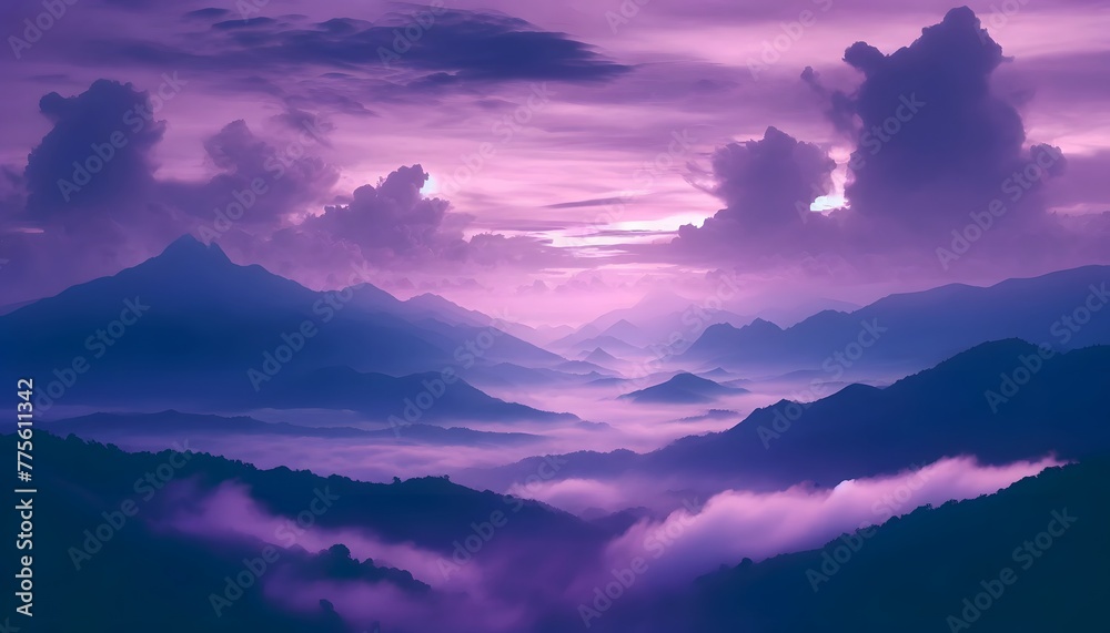 Surreal Mountainous Landscape at Twilight with Mist and Ethereal Sky