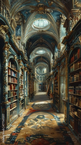 Ancient library scene rendered in a Renaissance painting style