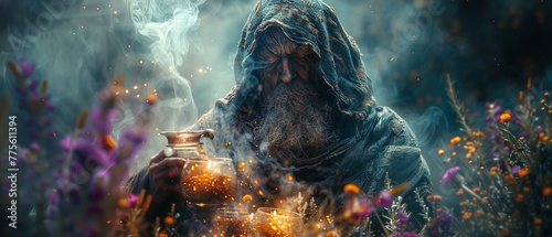 Witch doctor brewing the elixirs of the ethereal photo