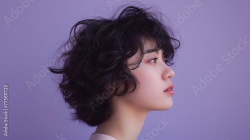 A captivating shot of an Asian woman's curly short hair against a solid purple backdrop