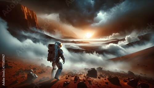 Astronaut Exploring Martian Terrain at Sunrise