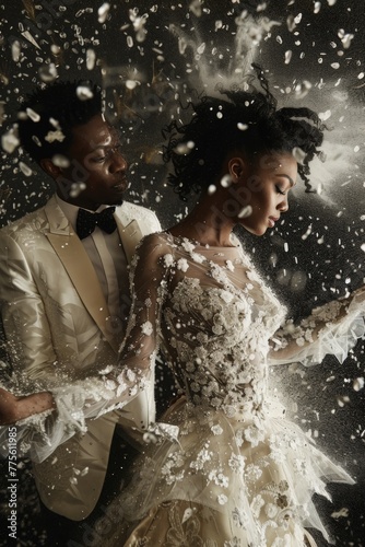 artistic wedding photo of a colored couple celebrating their wedding day