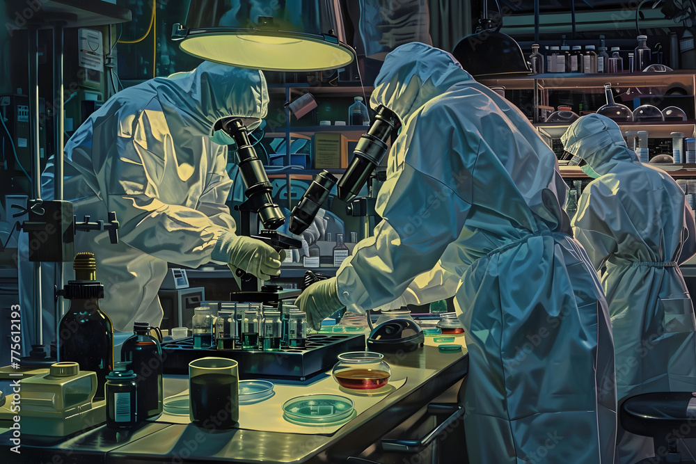 Scientists in protective suits examine biological samples using advanced equipment in a futuristic laboratory, exploring pathogens and biotechnology. Scientists in protective suits examine biological samples using advanced equipment in a futuristic laboratory, exploring pathogens and biotechnology.