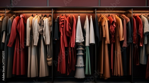 Fashion industry showcases a large collection of elegant clothing in the closet variations 