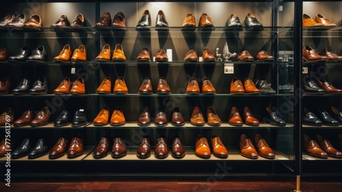 Large collection of leather shoes on display in a modern boutique