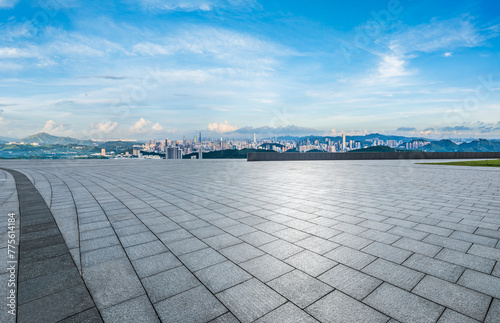 Empty square floors and city skyline in Shenzhen. Panoramic view.