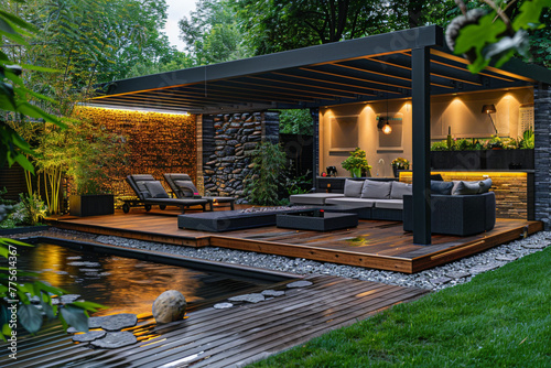 Of a lavish side outside garden at morning, with a teak hardwood deck and a black pergola. Scene in the evening with couches and lounge chairs 