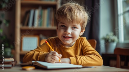 A toddler is sitting at a table, smiling while drawing in a book. The young artist is sharing his artwork. school, desk and education concept . A schoolboy is doing his homework
