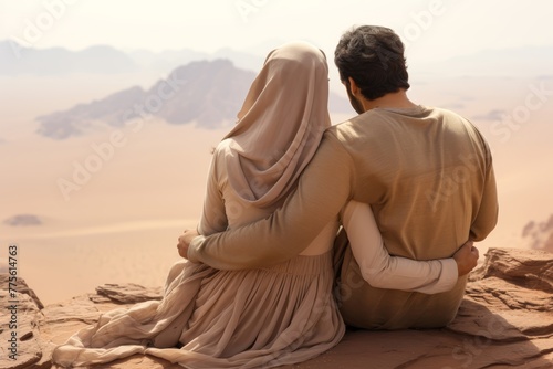 Bedouin couple, in their late 20s, dressed in elegant pastel brown garments, sharing a peaceful moment, with the desert's vastness surrounding them