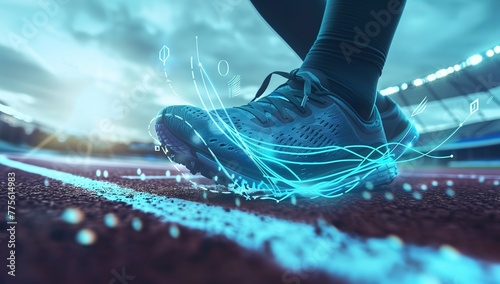 A closeup of an athlete_s shoe on the track, with digital waves emanating from it and visible data points around them, representing smart sports technology