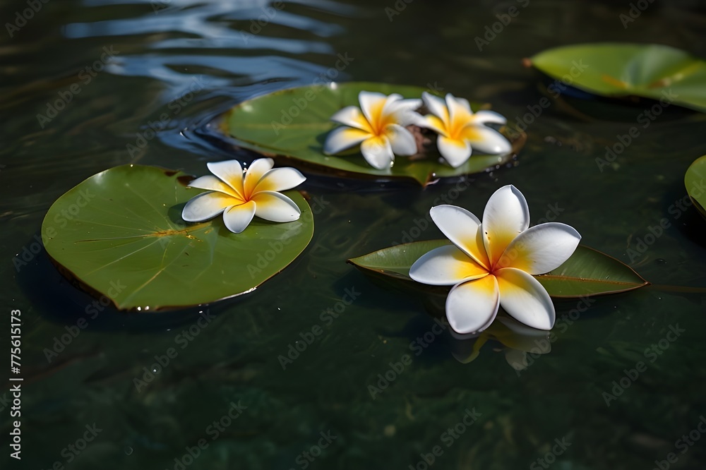 Plumeria flowers on green leaf floating on water. A peaceful and serene scene with a touch of nature and beauty. Generative AI