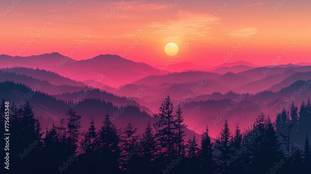 Sunrise Hues over Misty Mountain Forest