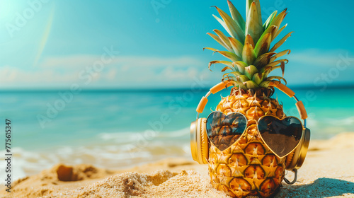 Ripe attractive pineapple in stylish sunglasses heart shape and gold headphones on sand against turquoise sea water. Tropical summer vacation concept. Summer sunny day on the beach of tropical island