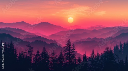 Sunrise Hues over Misty Mountain Forest