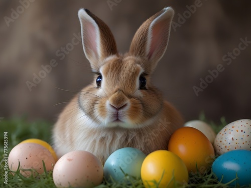 Easter Bunny Surrounded by Colorful Eggs  happy easter eggs