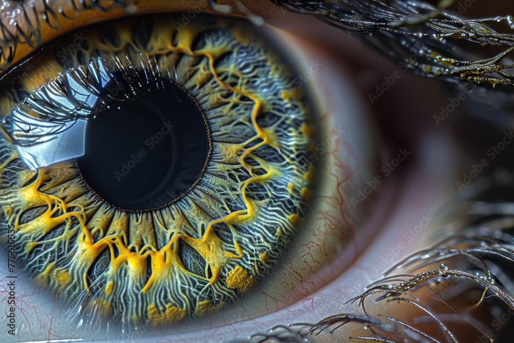 The eye is a beautiful, intricate design with a yellow and green hue