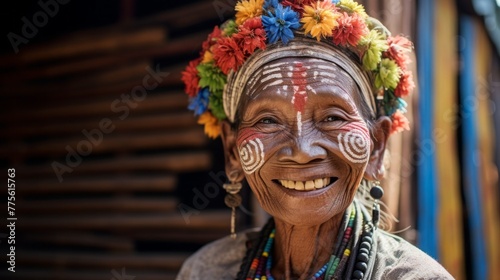 Close-up Portrait of a smiling, happy Senior Asian woman from the Kaya tribe, wearing traditional colorful clothes and looking at the camera in Myanmar