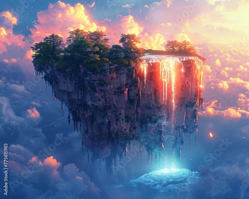 Surreal floating island with a cascading waterfall