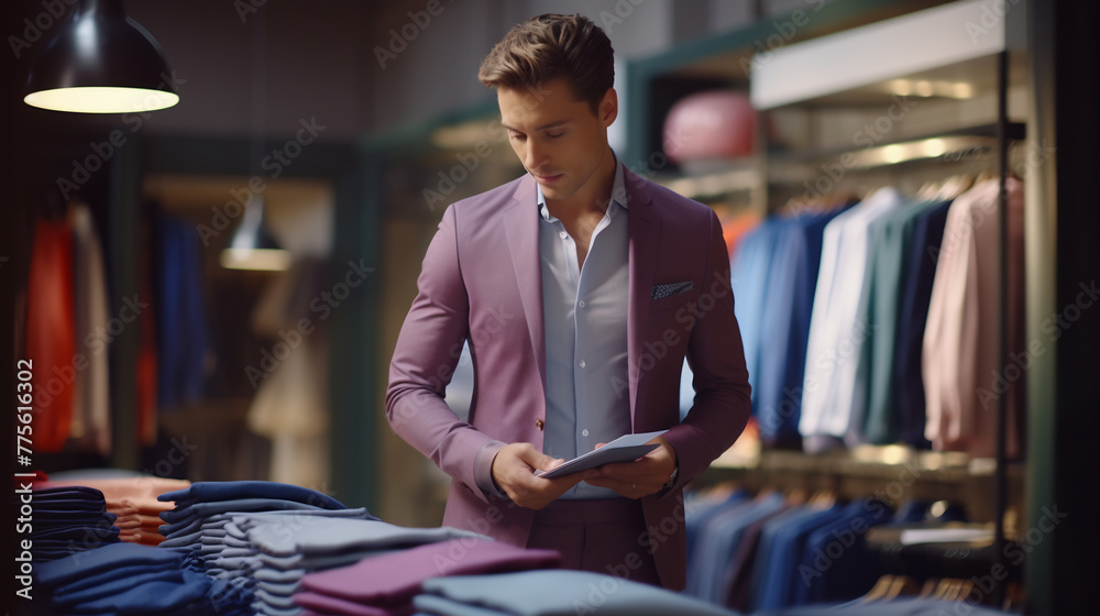 Focused Businessman Shop Owner Using a Tablet to Check Online Reviews in a Fashionable Men's Boutique Focused Businessman Shop Owner Using a Tablet to Check Online Reviews in a Fashionable Men's Boutique