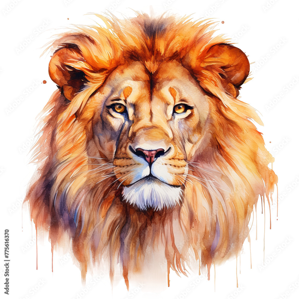 Male lion portrait watercolor clipart illustration isolated on transparent background