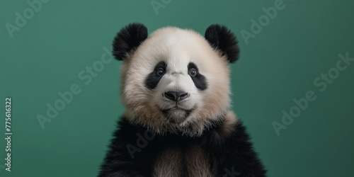 Happy smiling panda isolated on green background with copy space  funny animal portrait front view.