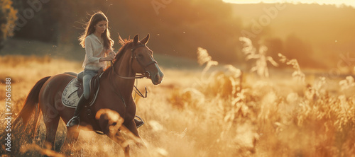 Banner with copy space on the theme of galloping on a horse in nature. A girl in simple clothes riding a horse in the sunset light in the village