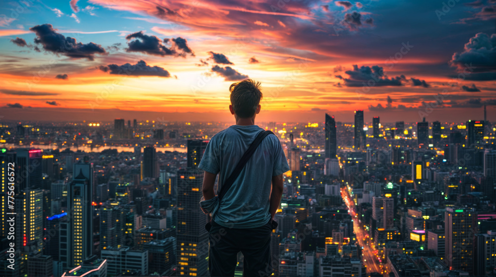 Back view of young man looking at the cityscape at sunset. Back view of young man looking at the cityscape at sunset.
