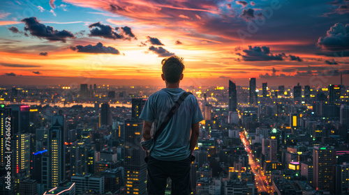 Back view of young man looking at the cityscape at sunset. © LAYHONG