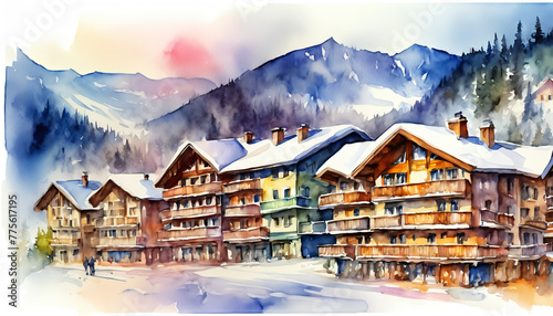 Watercolor of Winter Village with Snowy Mountains Background photo