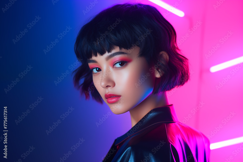 Studio portrait of beautiful asian woman with short hair style on colour background Studio portrait of beautiful asian woman with short hair style on colour background