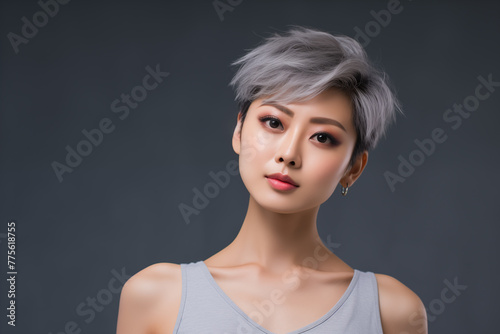 Studio portrait of beautiful asian woman with short hair style on colour background