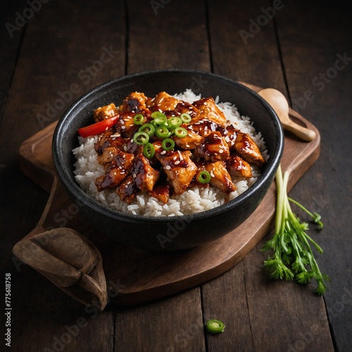 korean rice bowl BBQ chicken isolated black


