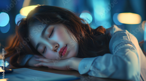 Surrounded by the gentle glow of screens and soft bokeh lighting, a young Asian woman employee dozes off at her computer desk. photo